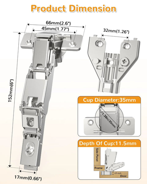 Diagram of 2 Pack 165 Degree Soft Close Kitchen Corner Hinges for Face Frame Cabinets showing dimensions and cup size.