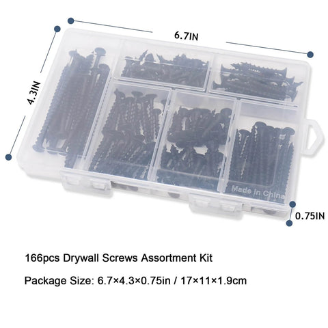 High Hardness Drywall Screws Assortment Kit 166 Pieces Coarse Thread Phillips Drive Black Wood Screws Set in case