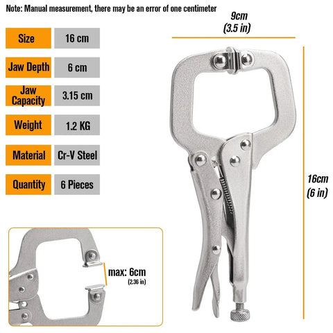 Heavy Duty 6 Inch C Clamp Locking Pliers Set Of 6 With Adjustable Swivel Pads For Woodworking Welding And DIY Projects Built From Heat Treated Alloy Steel For Maximum Toughness And Corrosion Resistance showing dimensions and material