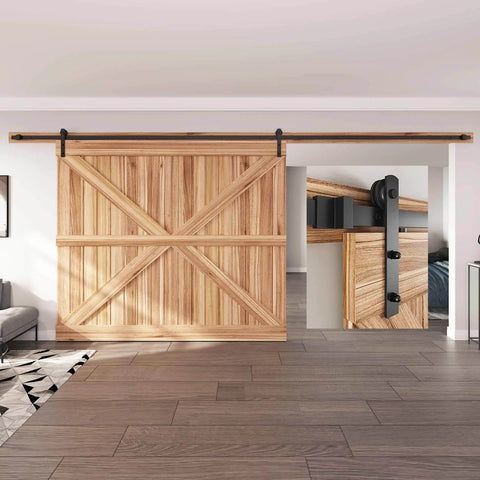 16 FT Heavy Duty Sliding Barn Door Hardware Track Kit with Straight Pulley, wood door installed in modern living room