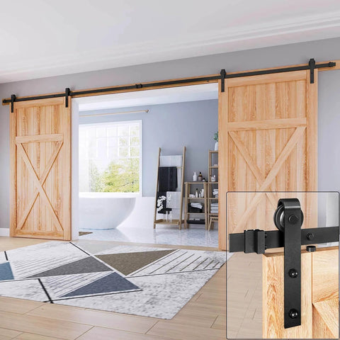 16 FT Double Door Sliding Barn Door Hardware Track Kit with basic J pulley installed on wooden doors in a modern room