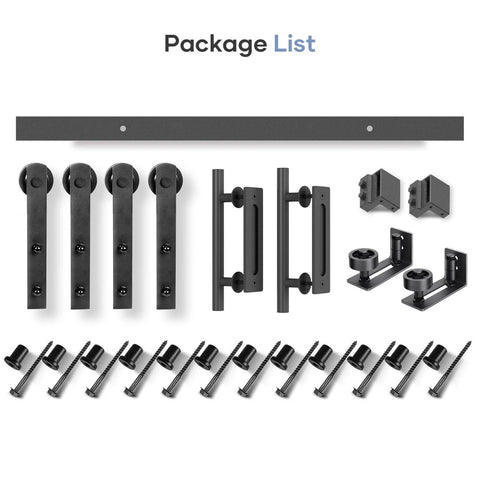 16 FT Double Sliding Barn Door Hardware Kit with track and handles package contents