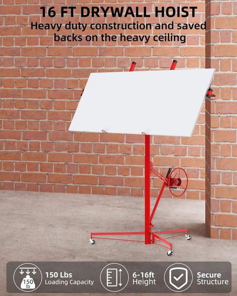 16 FT Heavy Duty Drywall Lift Hoist, 150 Lbs Capacity Adjustable Telescoping Panel Jack with 360° Swivel & Locking Wheels.