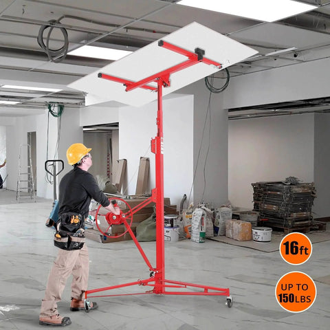 Man using ✝️ 16 Ft. Drywall Lift, Drywall Rolling Lifter Panel, 150LBS Heavy Duty Sheetrock Lift with 360° Adjustable Arm