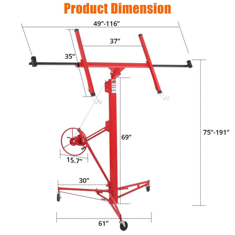 Diagram of ✝️ 16 Ft. Drywall Lift, Drywall Rolling Lifter Panel, 150LBS Heavy Duty Sheetrock Lift dimensions with adjustable arm.