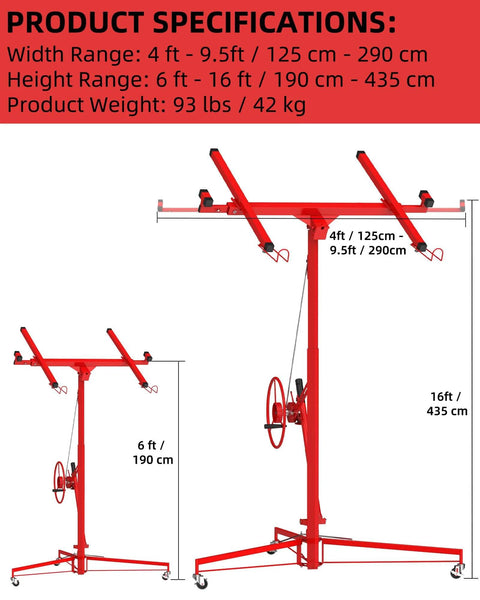 Specifications of 16 FT Heavy Duty Drywall Lift Hoist, 150 Lbs Capacity Adjustable Telescoping Panel Jack with 360° Swivel & Locking Wheels