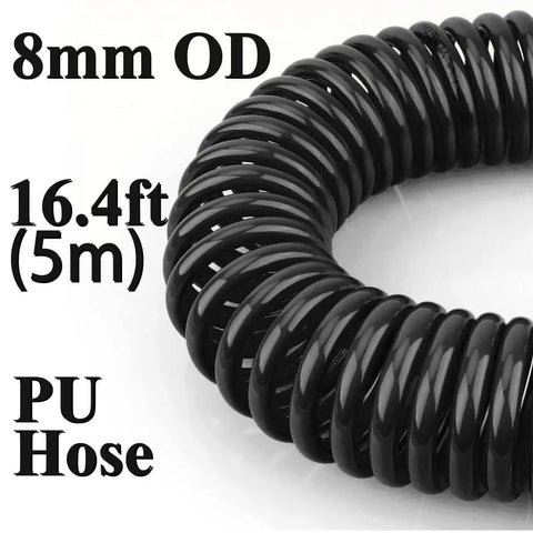 Black 16.4ft PU hose coiled, labeled 8mm OD, part of Heavy Duty Air Blow Gun Kit With Sixteen Foot PU Hose For Air Compressor Quick Connect One Quarter Inch High Volume Pro Grade Duster With One Hundred Twenty Millimeter Steel Nozzle Durable PU Line Great For Fast Debris Blowing In The Workshop.