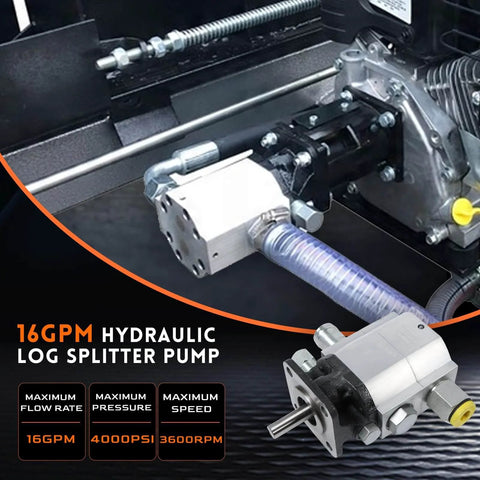 PumpShark 16 GPM 2 Stage Hydraulic Log Splitter Pump with 4000PSI, 3600RPM, 1/2 NPT outlet, close-up installation view.