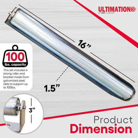 Pack of 2 16" Long Roller & Bracket Set 1.5" Diameter Galvanized Steel Industrial Use Easy Install Reliable & Sturdy, 100 lbs capacity