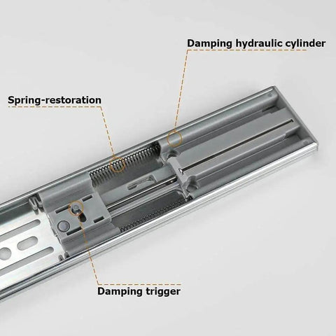 Close-up of 16 Inch Heavy Duty Soft Close Drawer Slides 1 Pair Full Extension Ball Bearing Glides showing damping trigger and spring restoration.