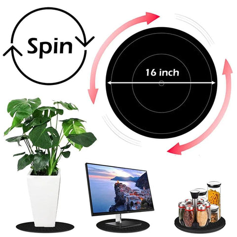 Diagram of 16 Inch Lazy Susan Turntable Heavy Duty Rotating Swivel Stand with plant, monitor, and jars on stand