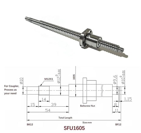 16mm Anti Backlash Ball Screw Kit SFU1605 RM1605 With 400mm Length 5mm Pitch, showing diagram and ball screw nut for CNC machines