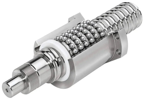 Close-up of 16mm Anti Backlash Ball Screw Kit SFU1605 RM1605, showing internal ball bearings and metal construction.