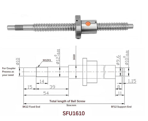 16mm Lead Ball Screw Kit SFU1610 With 350mm Travel diagram and components for CNC Machines