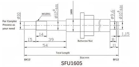 Technical drawing of 16mm Anti Backlash Ball Screw SFU1605 with 5mm lead, showing dimensions and end machining for BK BF12.