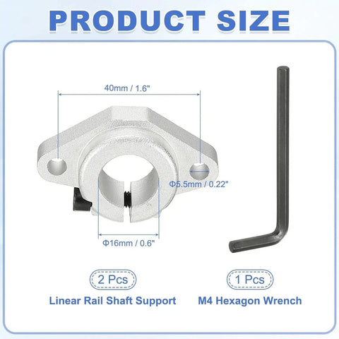 16mm Aluminum Linear Rod Rail Support Bracket For 3D Printers SHF16 Mounting Clamp dimensions with M4 hexagon wrench