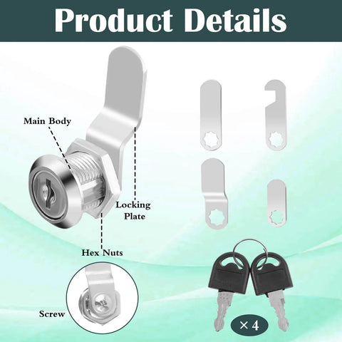 16mm Mailbox Lock with 4 keys and 4 lock plates, heavy-duty cam lever locks for mailbox, cabinet, corrosion-resistant zinc alloy.