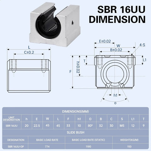 Technical drawing and dimensions of 16mm SBR16UU Linear Bearing Pillow Block Open Box Slider Set for CNC Router Parts