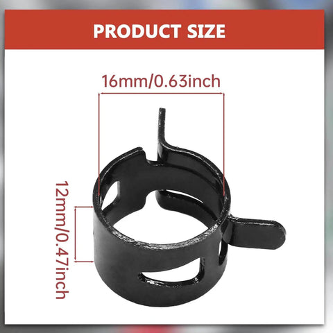 50Pcs 16mm Spring Band Hose Clamps Pack Five Eighth Inch Manganese Steel Hose Clips For Vacuum Water Fuel And Air Lines With Dacromet Coating Beefy Rust Resistant Durable Fit showing size measurements.
