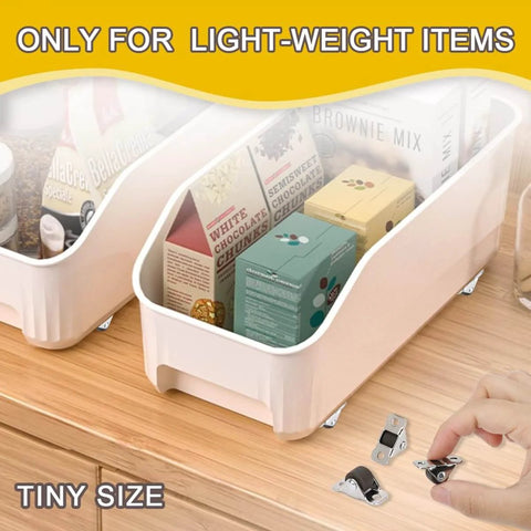 Plastic storage box with 16Pcs 1/2 Inch Mini Caster Wheels Low Profile One Direction on tabletop, showing small size and setup.