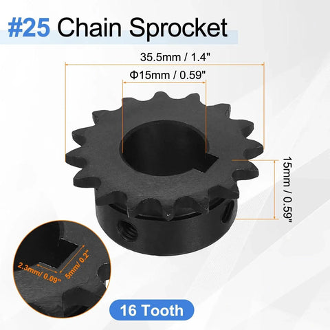 Rugged No 25 Roller Chain Sprocket For ISO 04C Chain, 16 Teeth, 15mm Bore, C45 Carbon Steel, Black Oxide Finish, by Uxcell