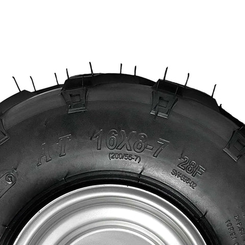 Close-up of 16x8-7 Go Kart Wheels with 16x8x7 16x8-7 Go Kart Tires for ATV, UTV, Quad, Lawn Mower, 7-inch metal wheel.