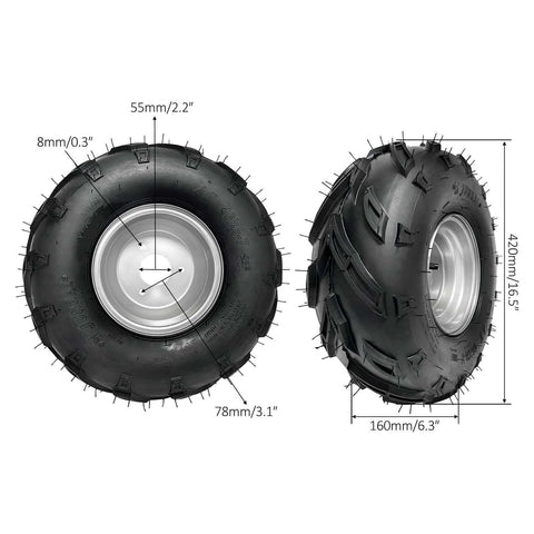 16x8-7 Go Kart Wheels, 16x8x7 16x8-7 Go Kart Tires with Wheels 7inch side view with measurements, for ATV UTV Quad Lawn Mower.