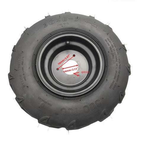 16×8-7 left Tires Wheels with Rim For 50-125cc ATV Go-Kart ATV, close-up view showing tread and measurements