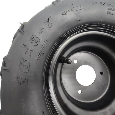 Close-up of 16×8-7 left tire with rim for 50-125cc ATV Go-Kart, showing tread and bolt holes.
