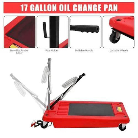 17 Gallon Oil Change Pan with foldable handle and lockable wheels showing non-slip rubber cover, pipe holder.