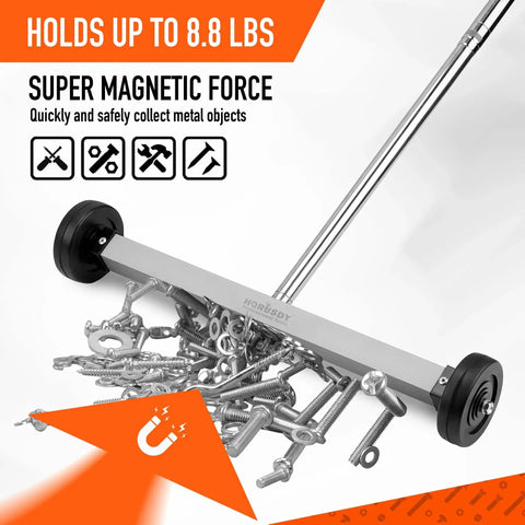 Seventeen Inch Rolling Magnetic Sweeper With Wheels And A Single Unit Adjustable Handle Eight Point Eight Pound Capacity Heavy Duty Magnet For Lifting Nails Screws Staples And Other Metal Debris From Floors Ideal For Construction Sites Garages And