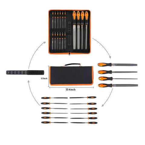 Premium 17-piece file set in a rugged carry case, forged from T12 alloy steel, with engineer and needle files for metal shaping.