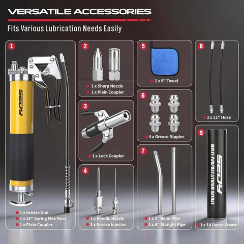 17-Piece Heavy Duty Grease Gun Kit: 14oz Grease Tube Flexible Hose Bearing Grease Pump 8000 PSI Pistol Grip Grease Guns Tool Marine Durable Connectors Adapters Extension Tubes Nozzle Easy Operation components displayed, including grease gun, couplers, hoses, and grease tube.