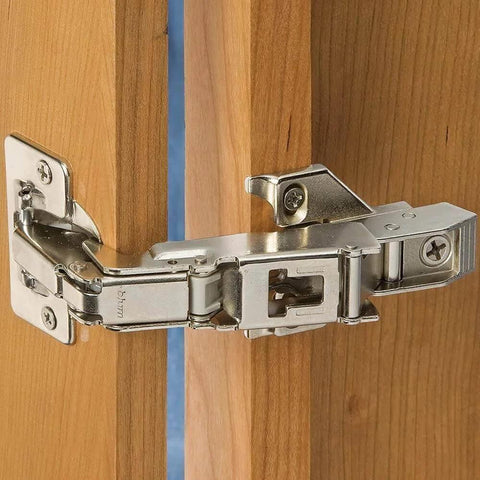 ✝️ 1-Pack Wide Angled Hinge 170 Degree, FACE Frame Application, Full Overlay with 0mm Face Frame Plate shown on wooden cabinet.