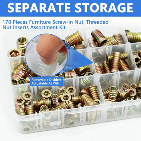 170 Piece Threaded Inserts Kit With 10 Sizes 1/4-20, 5/16-18, 3/8-16 in storage case with removable dividers
