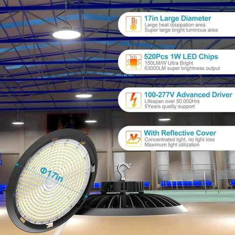 Power Through Your Warehouse With 420W LED High Bay UFO Lights Delivering 63000lm, AC100-277V 5000K Daylight, Ideal For 30 To 60 Ft High Ceilings, Energy Saving Shop Lights, 5 Pack By Lightdot. Image shows LED high bay light with 17in diameter and specifications.