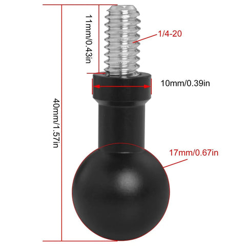 Ball Joint Adapter 17mm Ball To 1/4 Inch Stainless Steel Long Screw Connecting Rod, dimensions shown for car phone holder and accessories.
