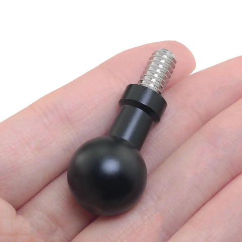 Ball Joint Adapter 17mm Ball To 1/4 Inch Stainless Steel Long Screw connecting rod, shown on human hand, for various mounting uses.