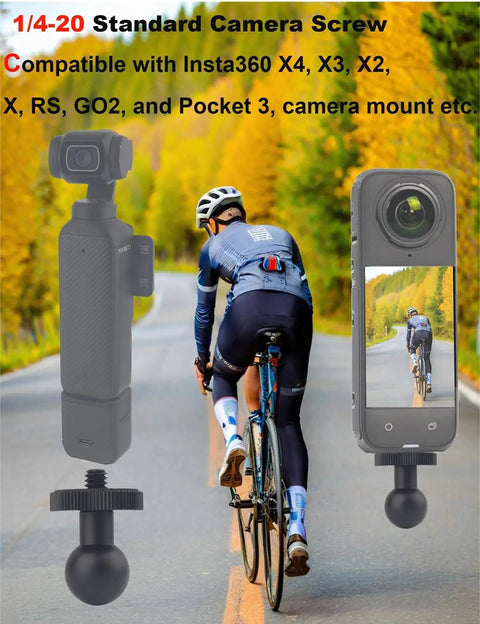 Durable All Aluminum 17mm Ball Mount Adapter With 1/4 Inch Screw compatible with Insta360 X4 X3 cameras shown on a cycling setup.