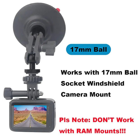 Durable All Aluminum 17mm Ball Mount Adapter With 1/4 Inch Screw for camera mount, shown with suction cup and camera display