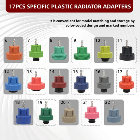 17 plastic radiator adapters in various colors organized in a grid for All In One Coolant Vacuum Refill Kit With 23 Radiator Adapters And Pressure Tester.