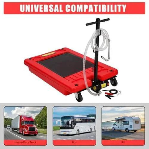 18 Gallon Low Profile Oil Drain Pan With Electric Pump Kit on wheels, shown with hose and pump, suitable for trucks, buses, and RVs.