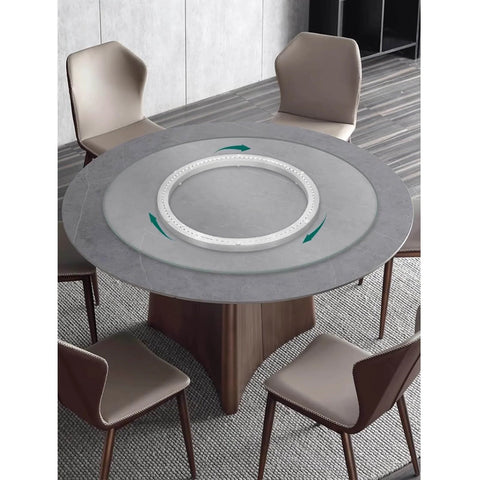 18 Inch Heavy Duty Aluminum Lazy Susan Bearing on dining table, showcasing metal rotating turntable swivel plate with smooth polished balls.