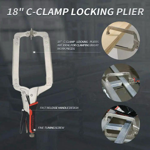 Heavy Duty 18 Inch C Clamp Locking Pliers With Swivel Pads For Welding And Woodworking 2 Piece Set in use, showing clamps on wood and metal.