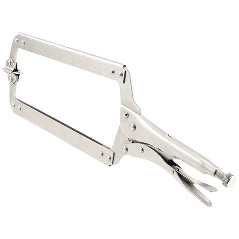 Heavy Duty 3 Piece 18 Inch C Clamp Locking Pliers Set With Large Face And Swivel Pads For Woodworking Carpentry Welding And Electrical Projects Vise Grip Style C Clamp JOIKIT Pro Grade Heavy Duty Construction, shown in side view, highlighting metal construction and swivel pads.