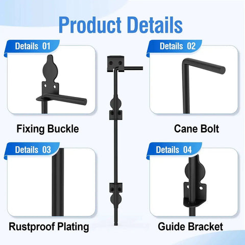 18 Inch Cane Bolt Drop Rod for Gates and Fences, Heavy Duty Latch, black coating, featuring fixing buckle, rustproof plating, guide bracket