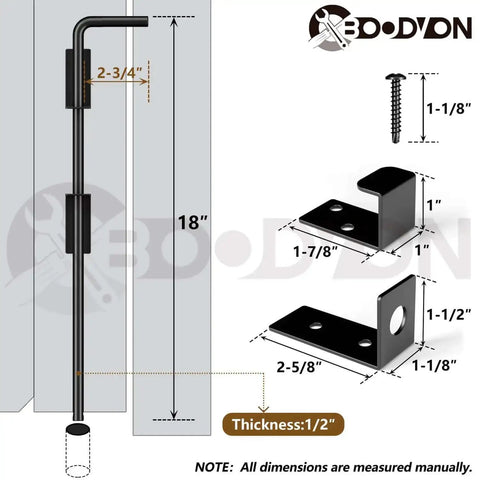 Diagram showing 18 Inch Cane Bolt Gate Drop Rod Heavy Duty Gate Hardware with dimensions and black finish.