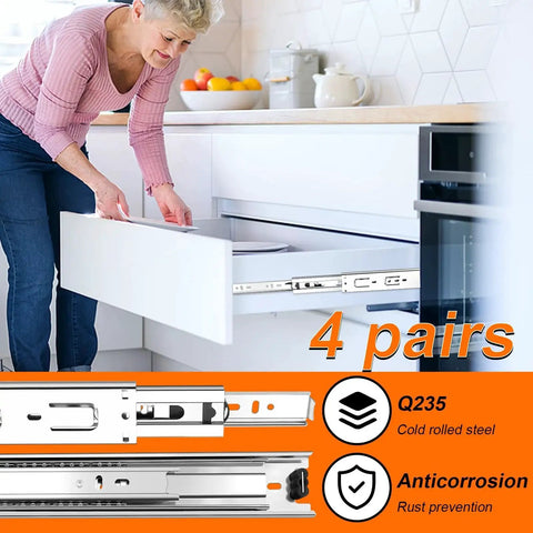 18 Inch Full Extension Drawer Slides 4 Pairs 8 Pieces Side Mount Cabinet Glides Silver 100 LB Capacity for Kitchen Installation