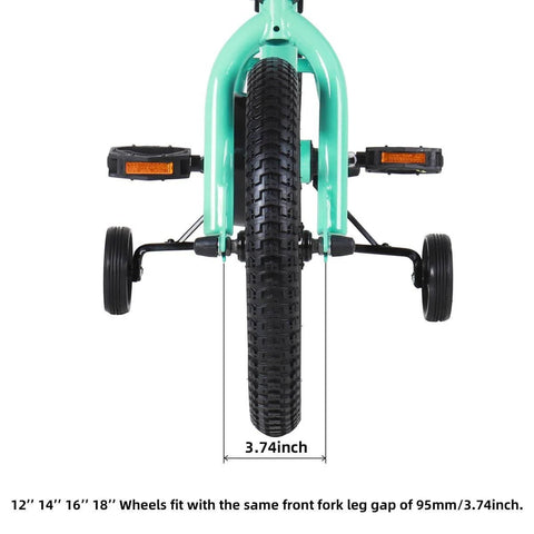18 Inch Kids Bike Front Wheel Replacement with Air Rubber Tire, Black Steel Rim, front view showing fitment dimensions