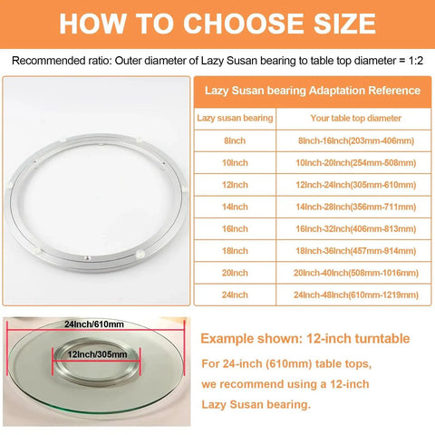 18 Inch Lazy Susan Base With Heavy Duty Aluminum Turntable Bearing And Size Chart Showing Compatible Table Diameters
